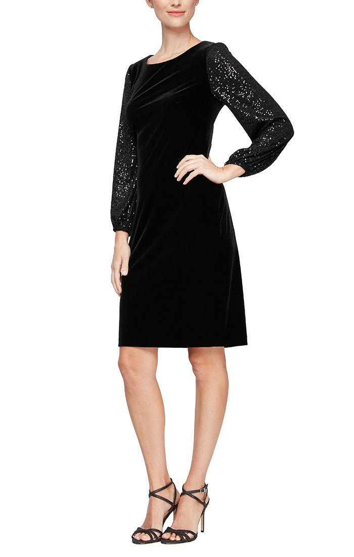 Regular - Velvet Cocktail Dress with Long Sequin Bubble Hem Sleeves