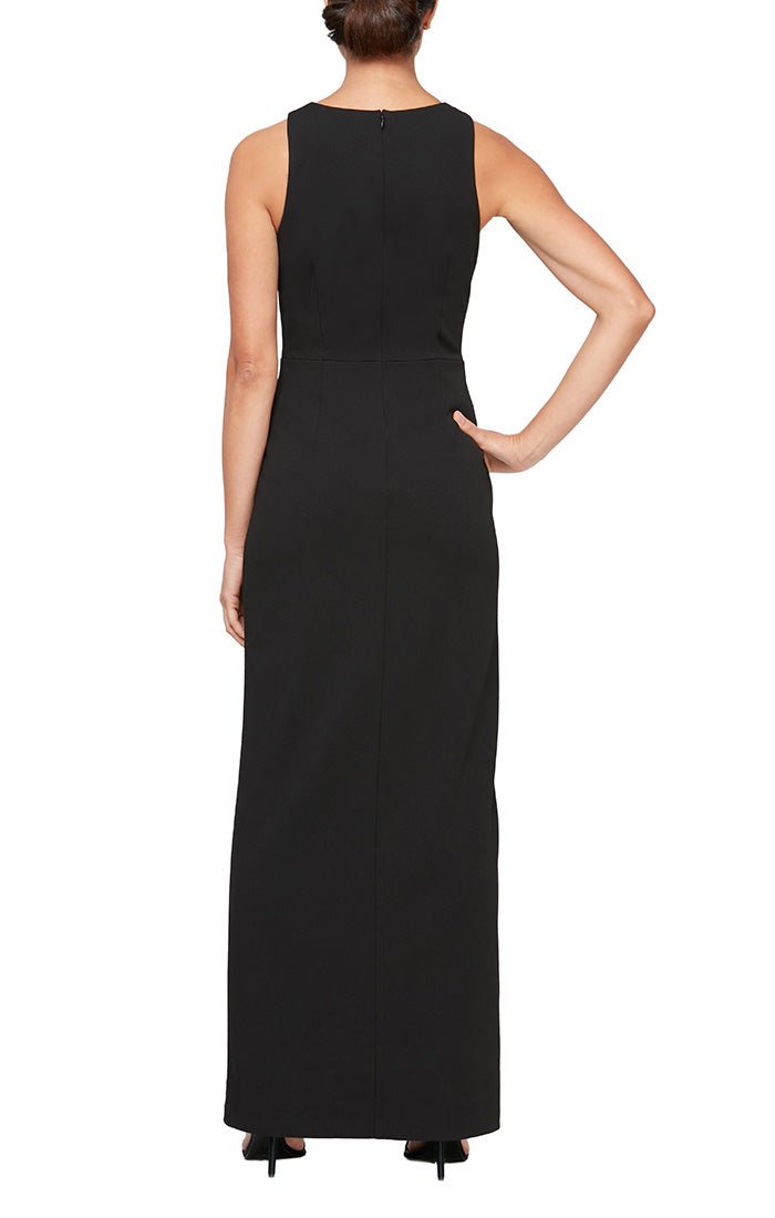 Sleeveless Crepe Column Dress with Rhinestone Trim Slit Detail