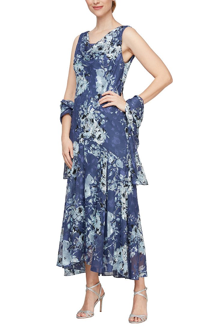 Cowl Neck Floral Chiffon Dress with High/Low Skirt and Matching Shawl