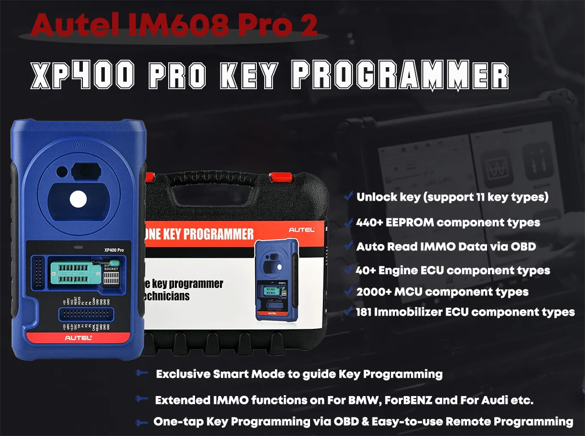 XP400 Pro, un potente strumento di programmazione chiavi. Mostra le funzioni di programmazione chiavi immo di autel maxiim im608 ii pro, che permettono agli utenti di programmare e sincronizzare chiavi per vari sistemi di immobilizer veicolari.