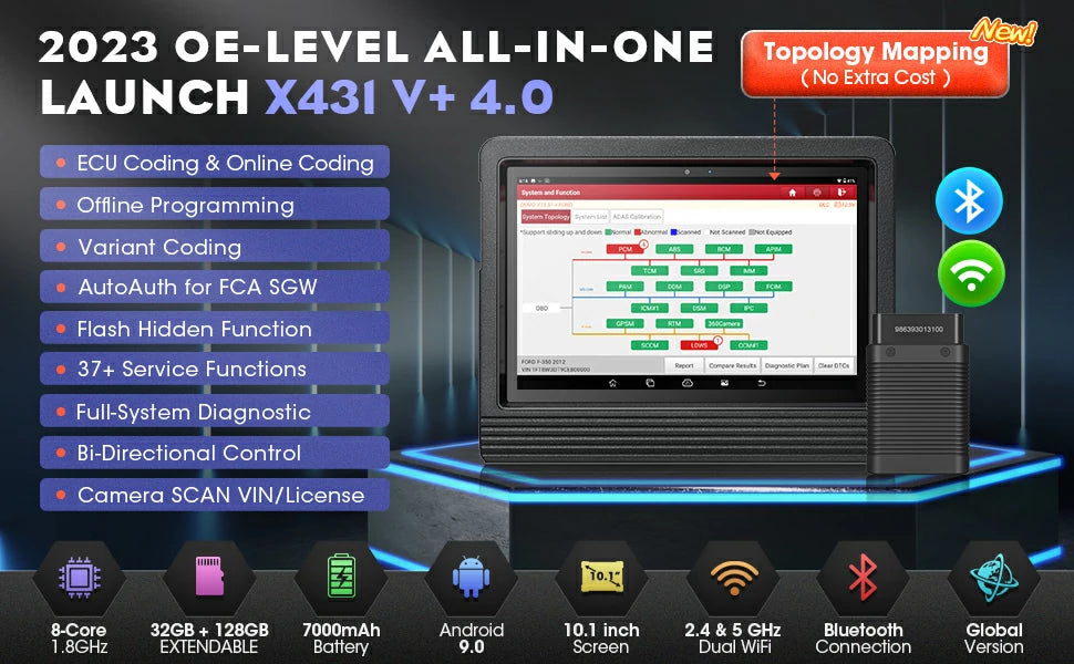 An image displays the Launch X431 V+ Pro Scanner on the right, featuring a new topology mapping function shown in a screenshot. On the left, a list of diagnostic features is provided, while the bottom showcases the hardware configuration details.
