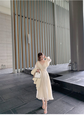 Puff Sleeve V-Neck Pleated White Dress image4