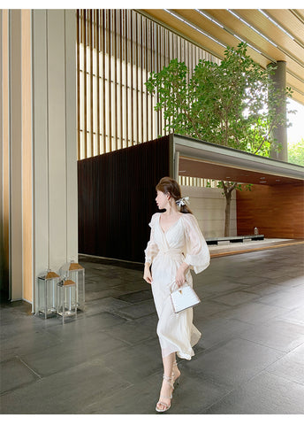 Puff Sleeve V-Neck Pleated White Dress image3
