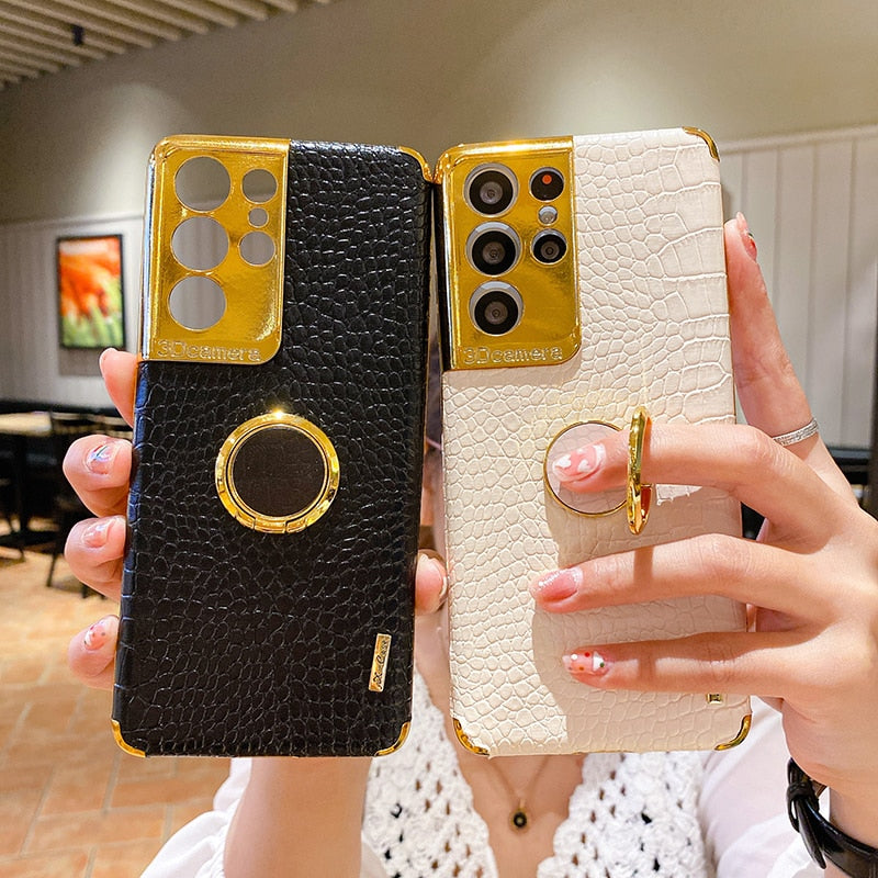 Luxury Leather Magnetic Ring Holder Phone Case For Samsung Galaxy S21 Series