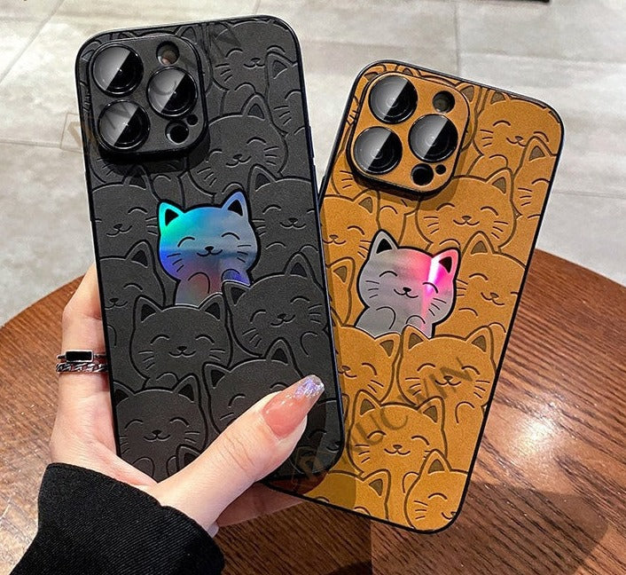 Leather Laser Cute Cat and Bear Phone Case For iPhone 13 Series