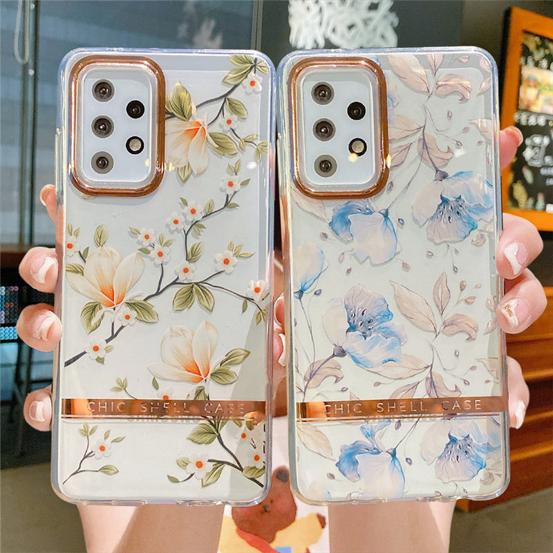 Plating Transparent Flower Leaf Soft Phone Case For Samsung A51, A52