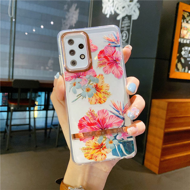 Plating Transparent Flower Leaf Soft Phone Case For Samsung A51, A52