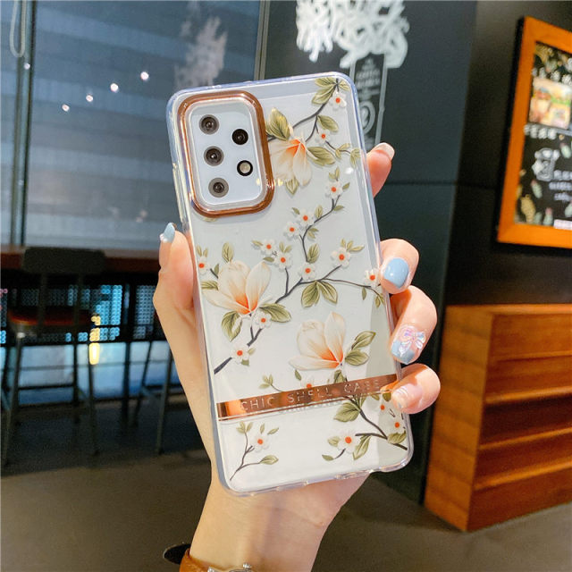 Plating Transparent Flower Leaf Soft Phone Case For Samsung A51, A52