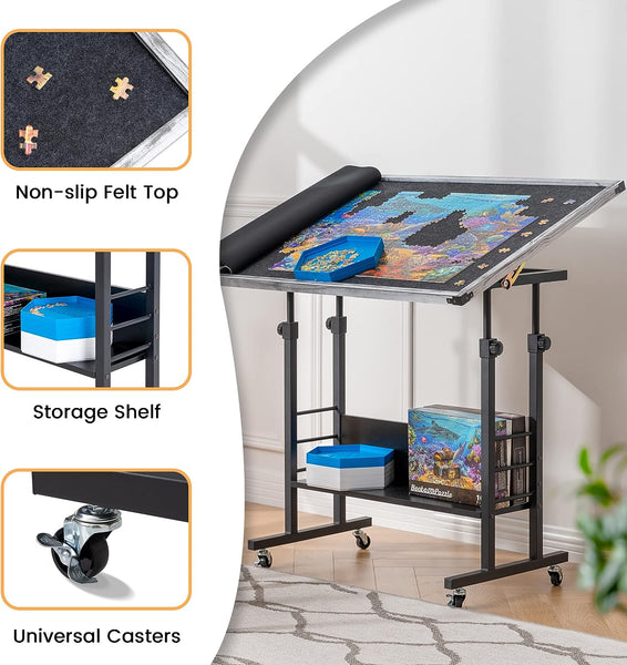 Jigsaw Puzzle Table with Legs 1500 Piece, Adjustable Puzzle Stand Up Board with 5 Tilting Angle & Height Adjustment, Jigsaw Storage Board with Cover Mat
