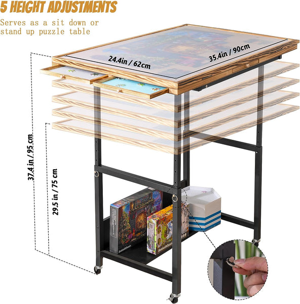 Jigsaw Puzzle Table with Legs 1500 Piece, Adjustable Height Puzzle Table with 5 Drawers & Protective Cover, Jigsaw Tilting Table with 3 Angles Adjustment