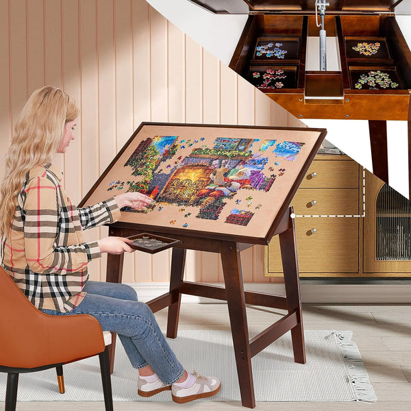 Tilting Jigsaw Board 1500 pieces with Legs, Adjustable Jigsaw Puzzle Table with 4 Wooden Trays, Jigsaw Easel Board with Black Cover