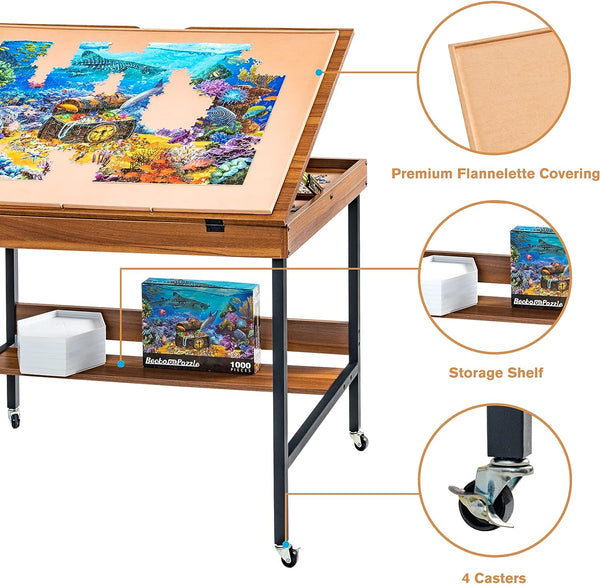 Jigsaw Board 1500 Pieces with 5 Tilt Angles, 6 Wooden Sorting Trays, Jigsaw Puzzle Tables with Legs, Tilting Jigsaw Puzzle Table on Wheels