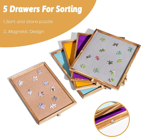 Jigsaw Puzzle Table with Legs 1500 Piece, Adjustable Height Puzzle Table with 5 Drawers & Protective Cover, Jigsaw Tilting Table with 3 Angles Adjustment