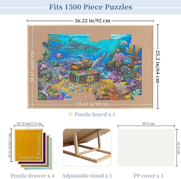 Puzzle Board with Drawers & Cove, Tilting Jigsaw Puzzle Board 1500 Piece, Puzzle Table with Removable Top