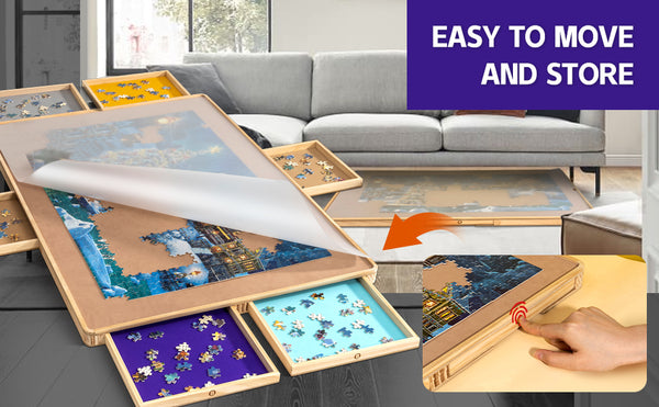 Handleless Design! Portable Jigsaw Puzzle Table with 6 Colorful Drawers & Transparent Cover for 1500 Pieces Puzzle