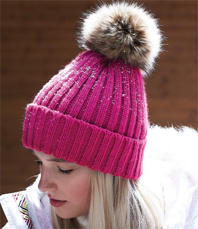  Beechfield CHUNKY Kunstfell-Pom-Mütze – Fuchsia Pink 