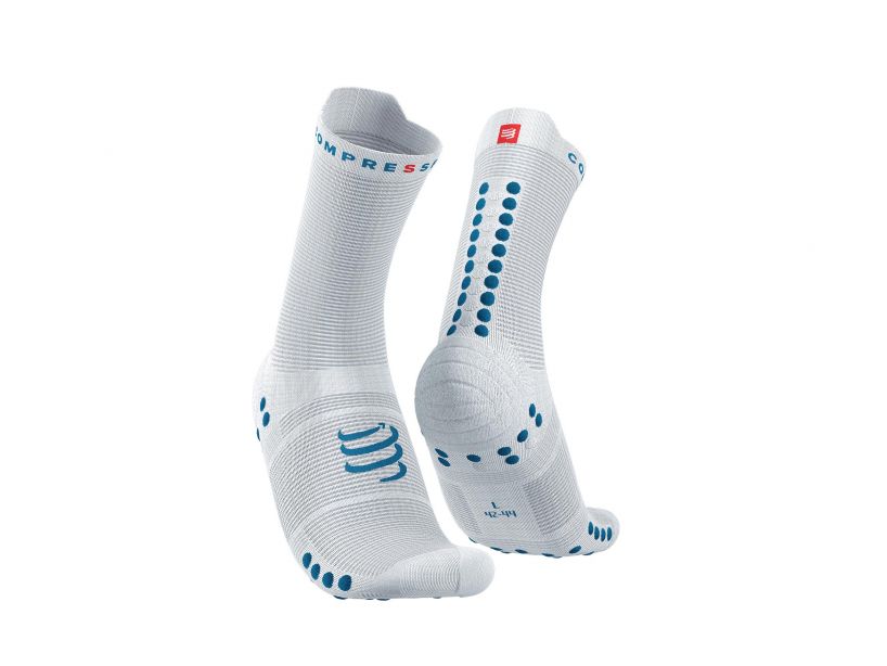  Compressport Pro Racing Socken V4.0 Run High – Weiß/Fjordblau 