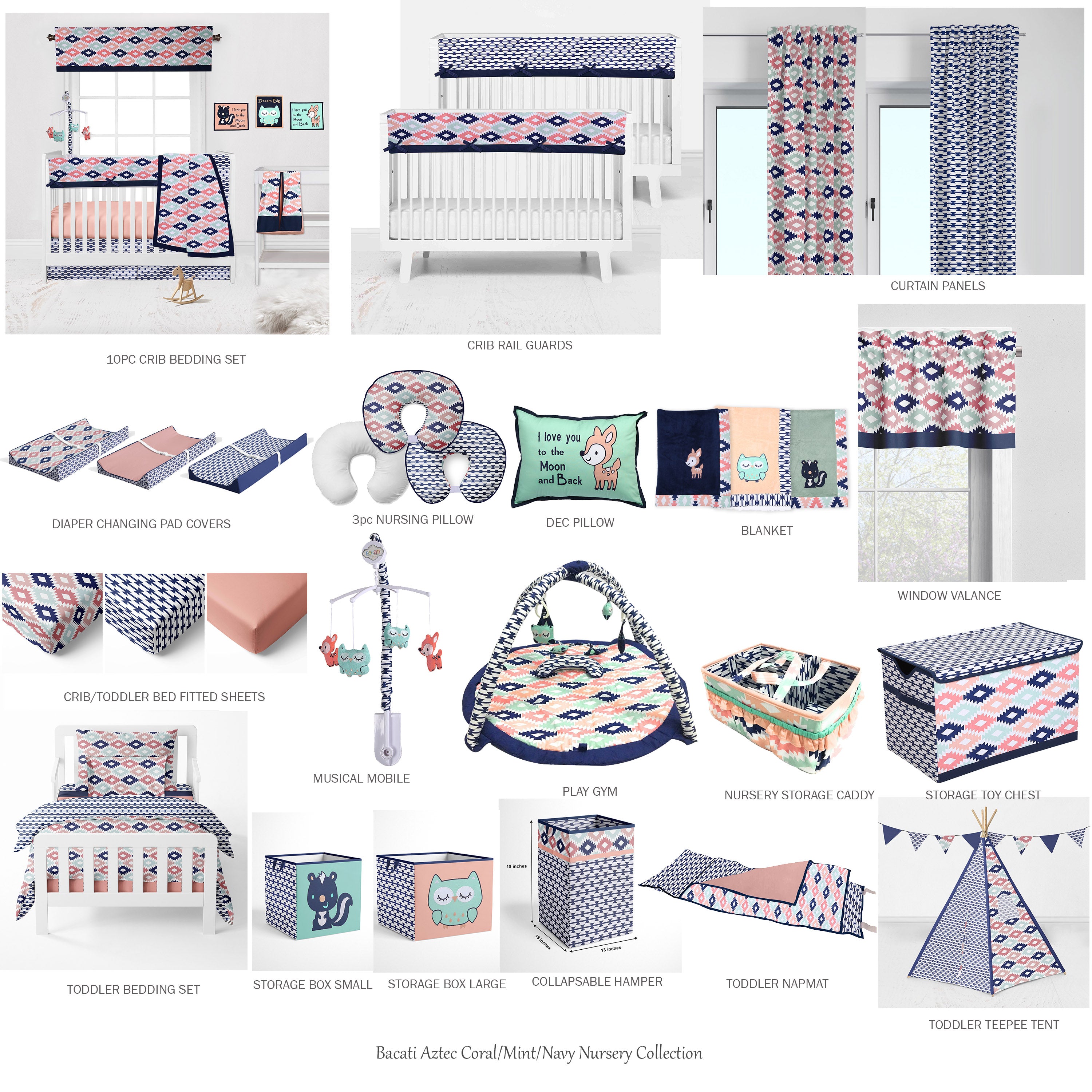 Bacati - Playmat/Baby Activity Gym with Mat, Aztec Emma Coral/Mint/Navy