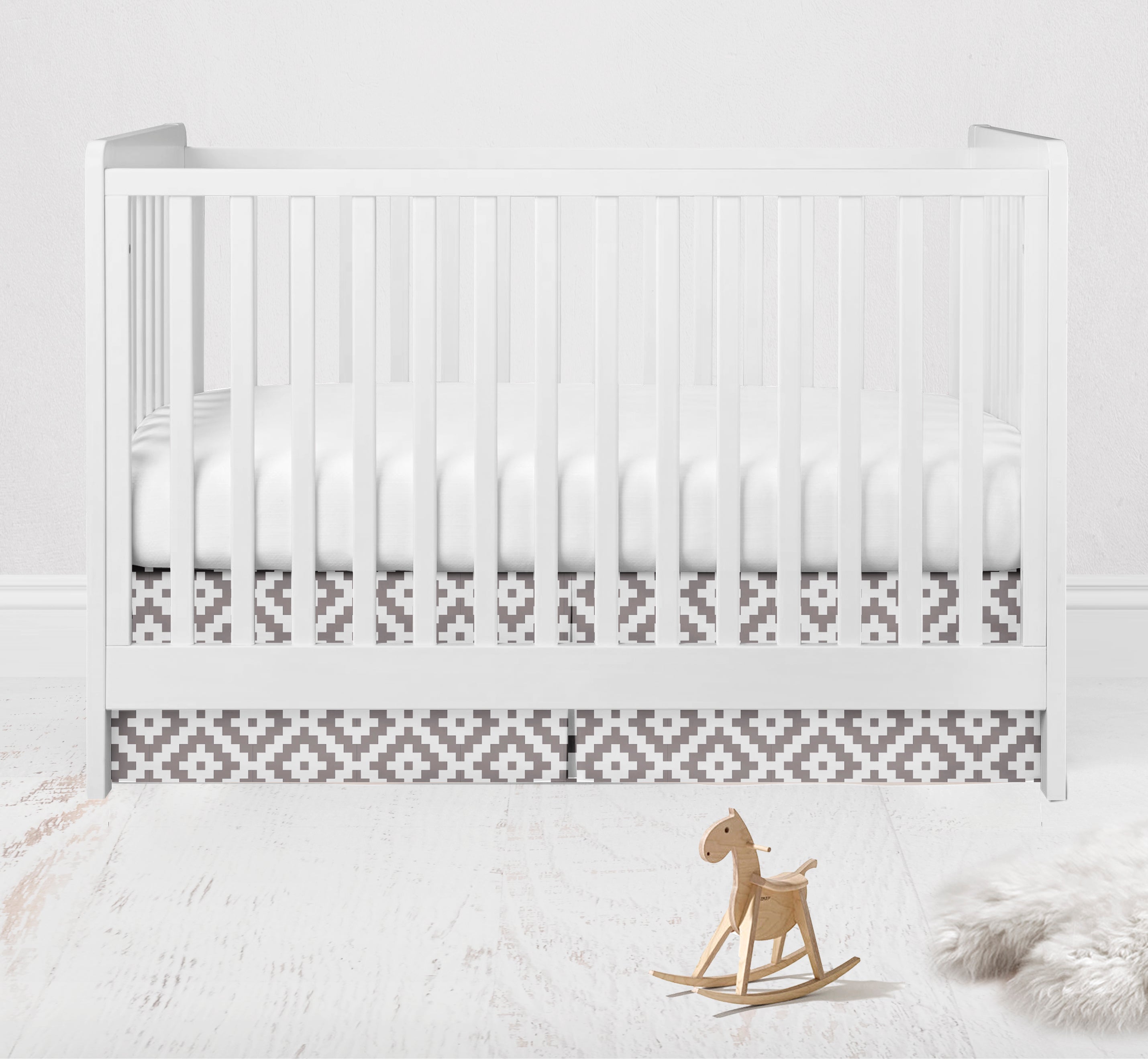 Bacati - Multiple Options of Crib or Toddler Bed Skirt or Dust Ruffle 100% Cotton Percale, Aztec Love Grey