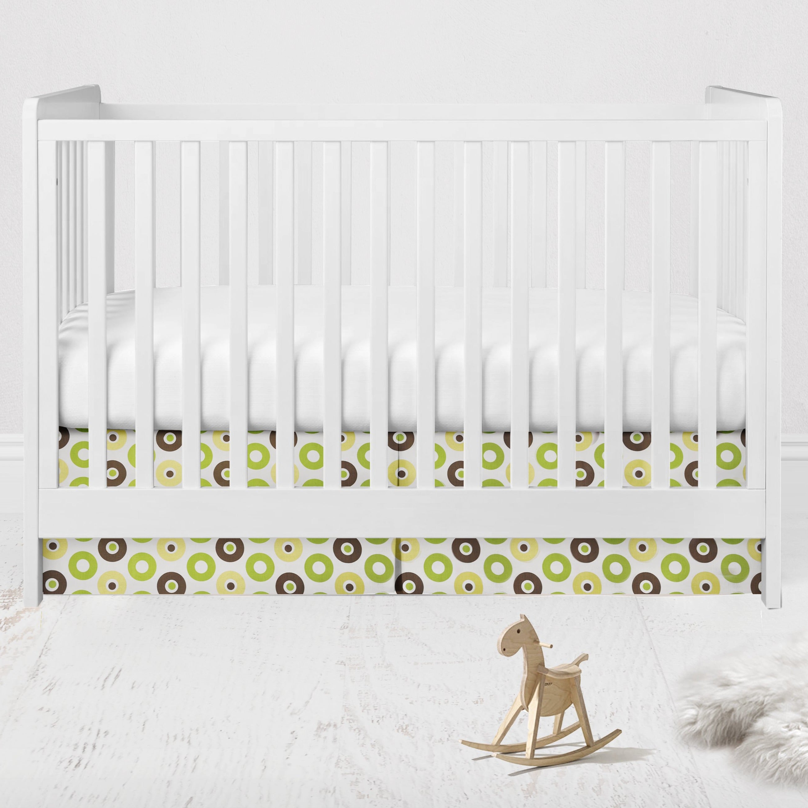 Bacati - Multiple Options of Crib or Toddler Bed Skirt or Dust Ruffle 100% Cotton Percale, Mod Dots/Stripes, Green/Yellow/Beige/Brown