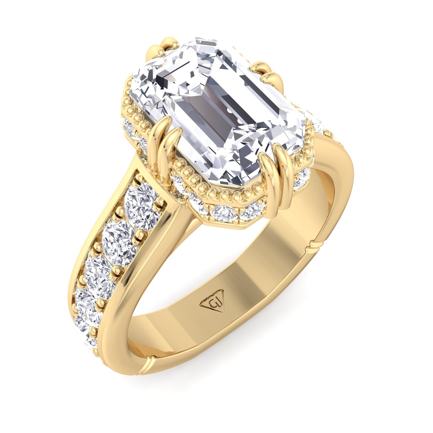 Bristol - Emerald Cut Diamond Engagement Ring with Side stones and Invisible Halo