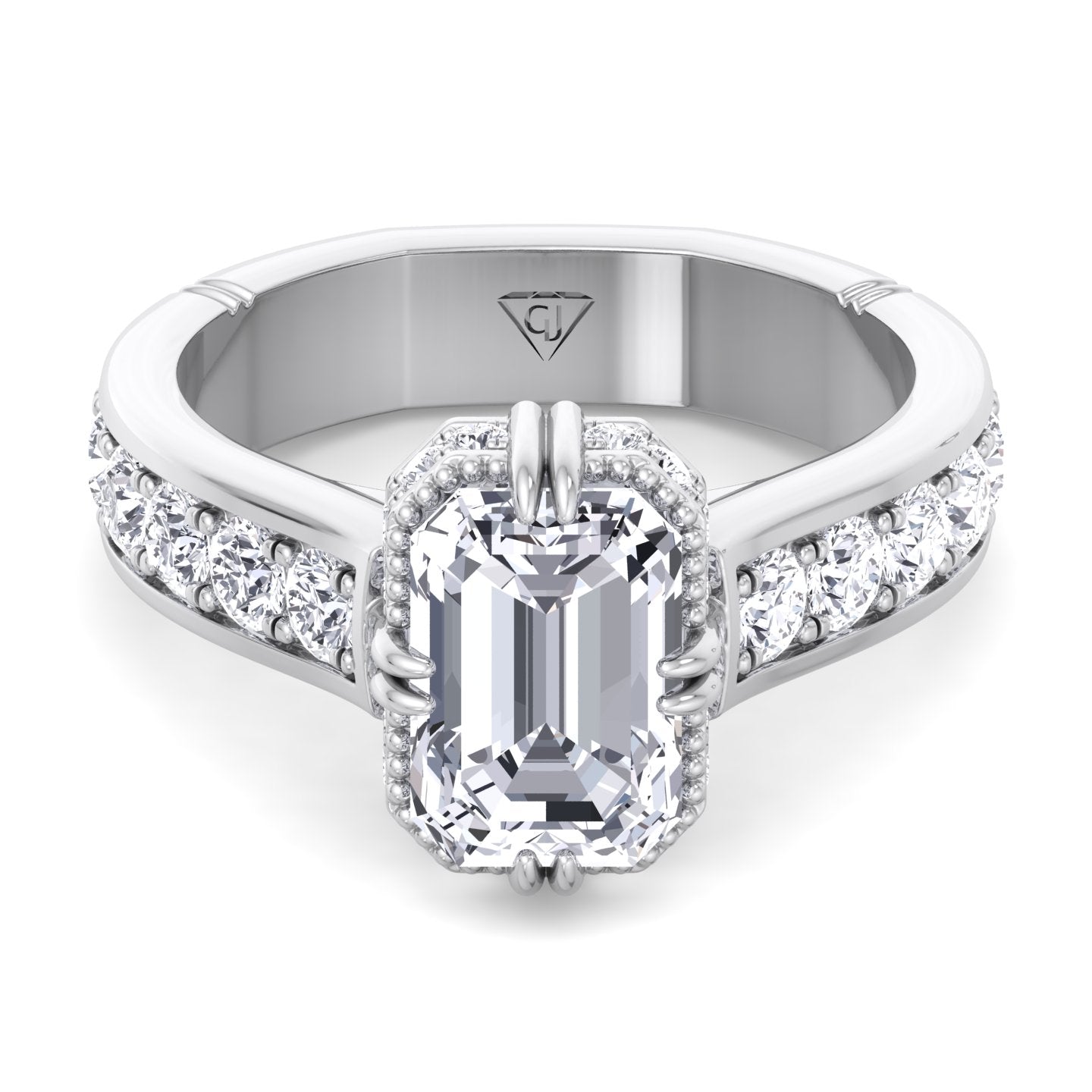 Bristol - Emerald Cut Diamond Engagement Ring with Side stones and Invisible Halo