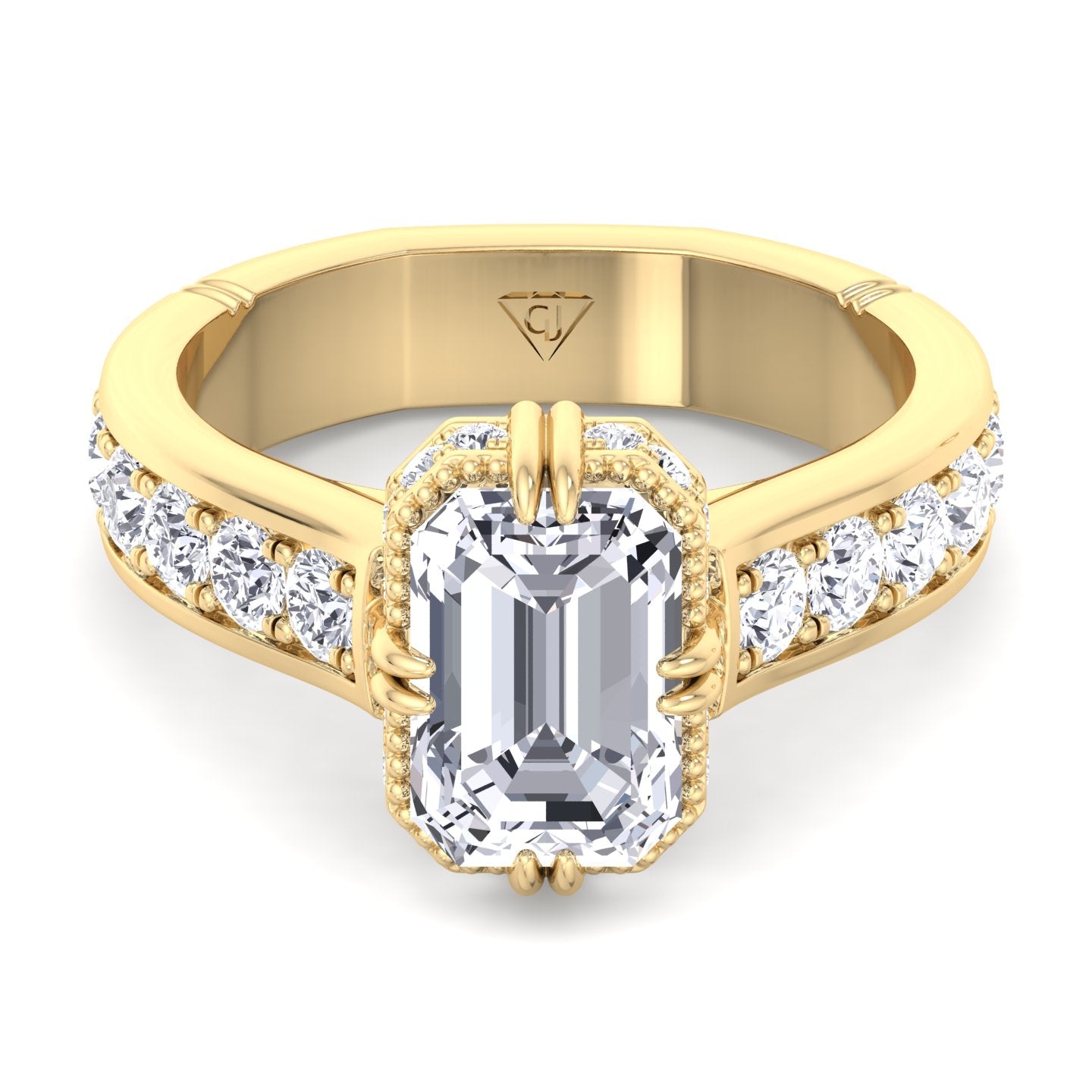 Bristol - Emerald Cut Diamond Engagement Ring with Side stones and Invisible Halo