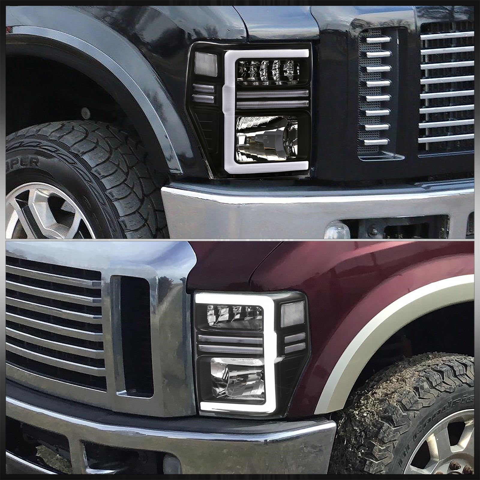 Ford F250 F350 F450 F550 Super Duty 2008-2010 Sequential LED DRL Bar Factory Style Headlights Black Housing Clear Len Clear Reflector