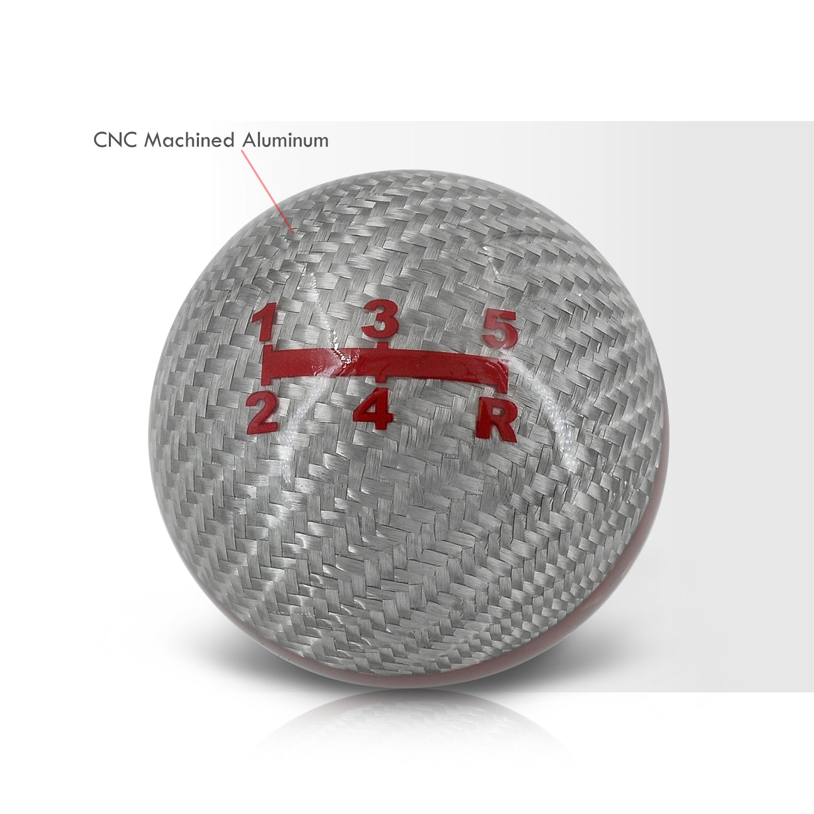 Universal 5 Speed M10x1.5 Ball Shift Knob Silver Carbon Fiber with Red Rings