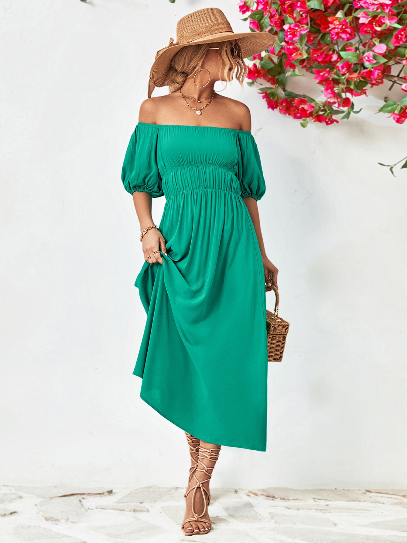 Balloon Sleeve Off-Shoulder Midi Dress