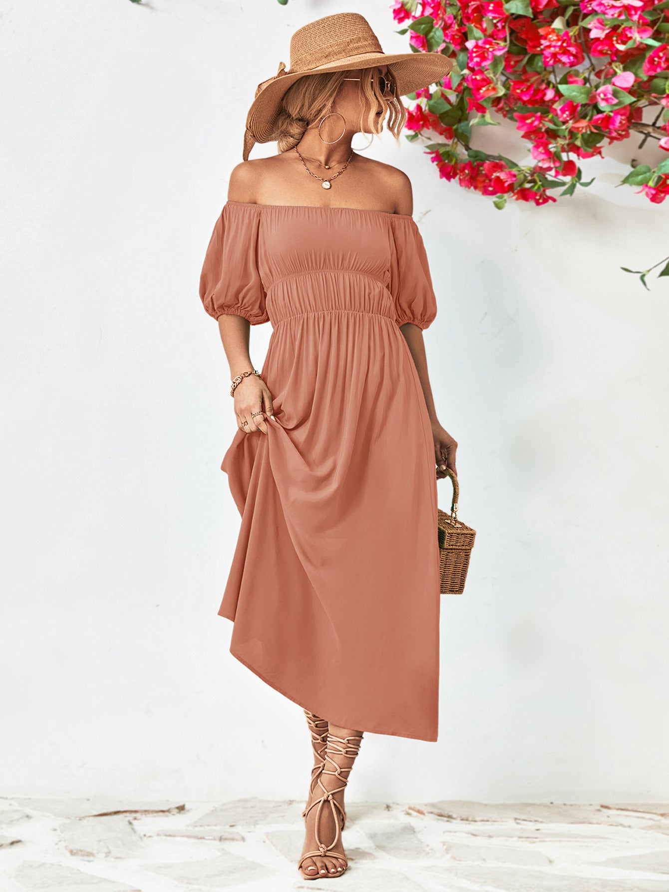 Balloon Sleeve Off-Shoulder Midi Dress