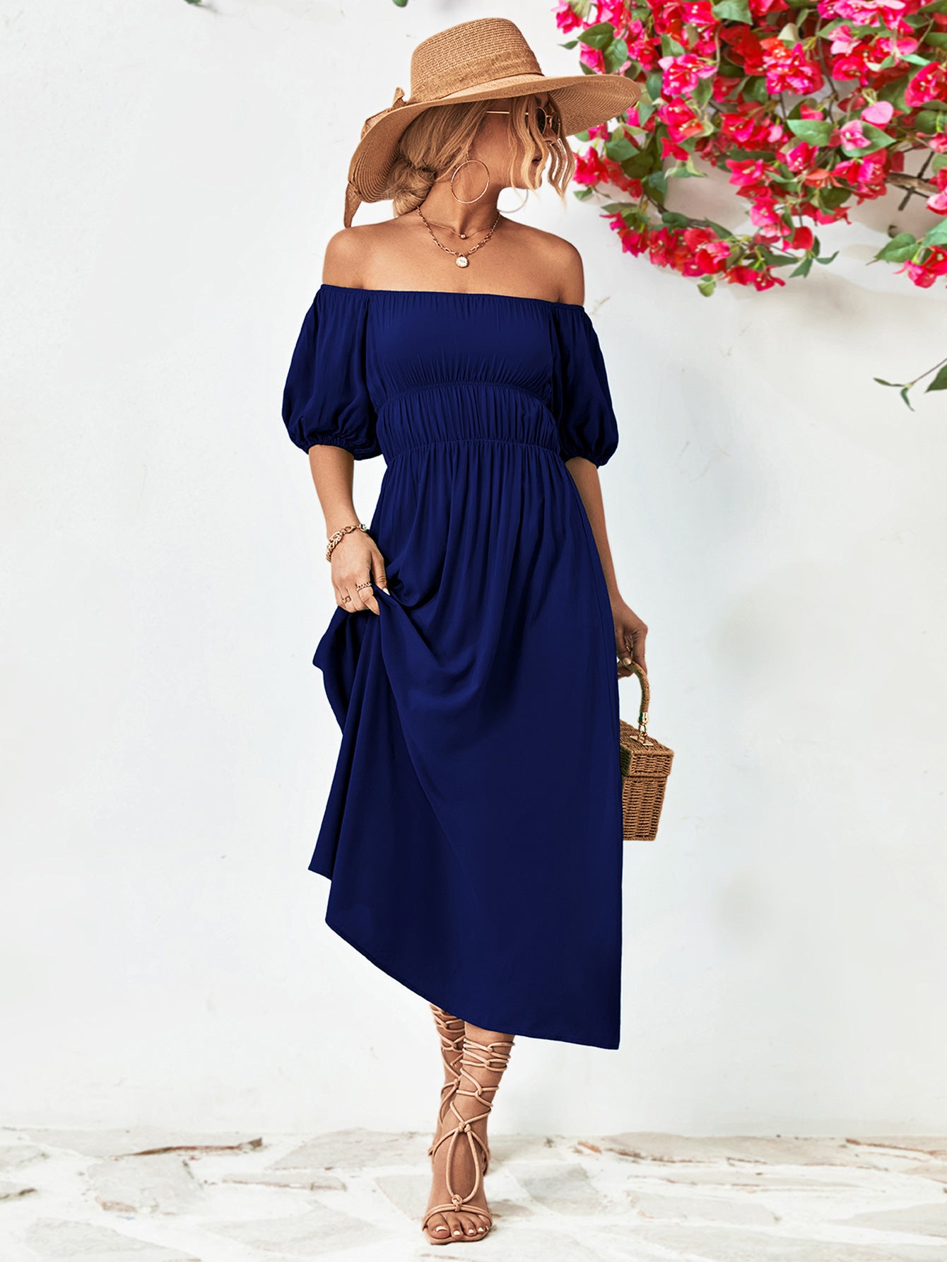 Balloon Sleeve Off-Shoulder Midi Dress