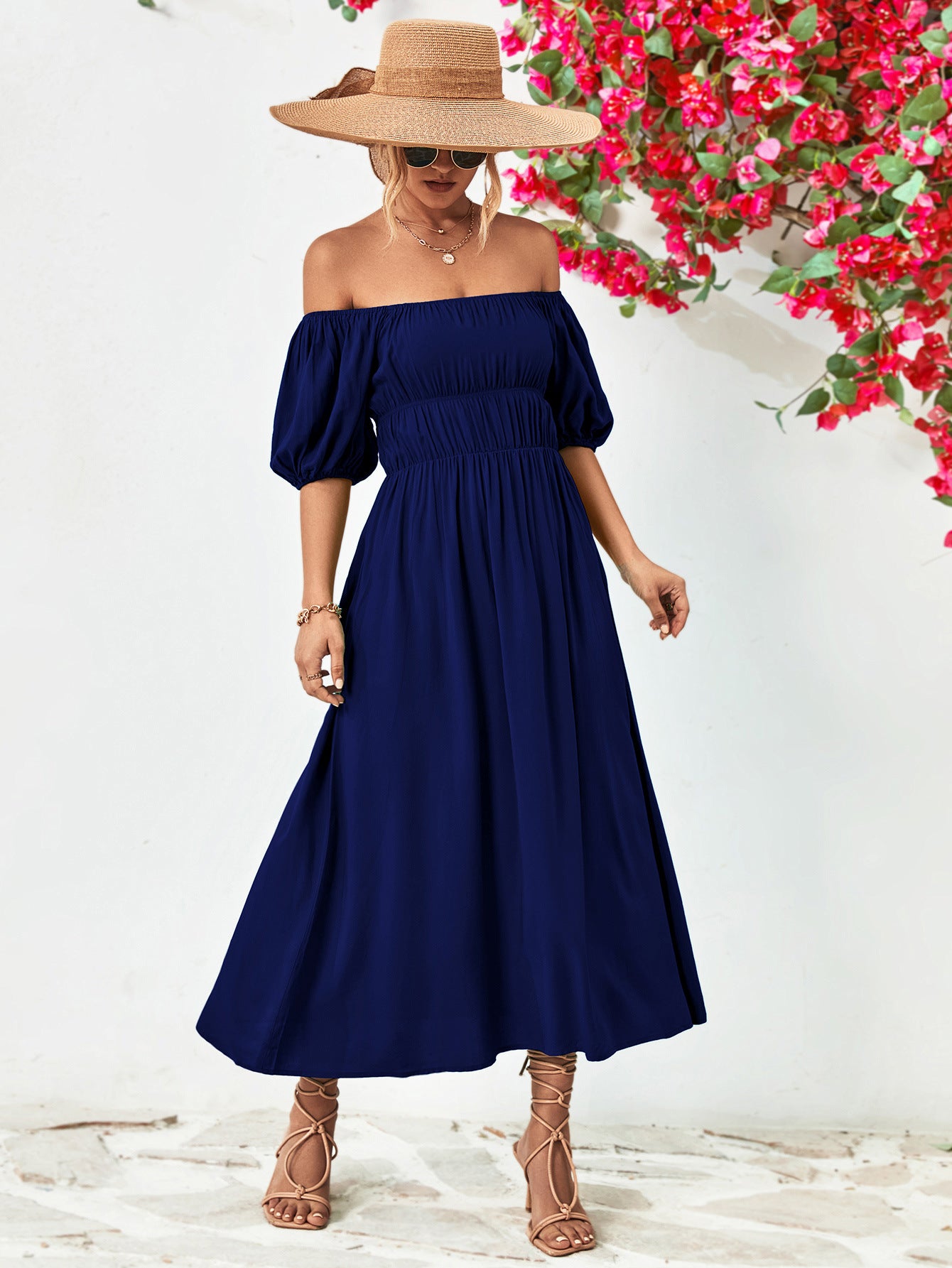 Balloon Sleeve Off-Shoulder Midi Dress