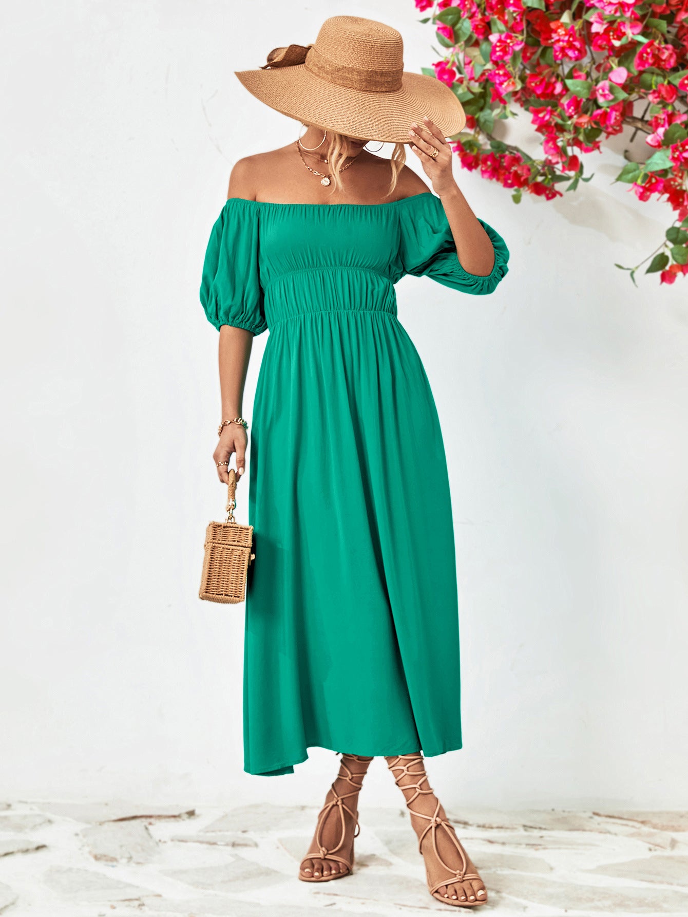 Balloon Sleeve Off-Shoulder Midi Dress