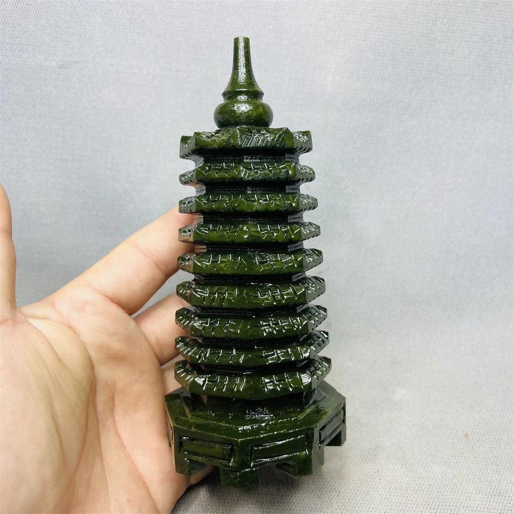 Natural Green Jade Nine-story Pagoda Suppress Evil Super Energy Tower Home Room Decorated Witchcraft Altar Crystal Stone Healing