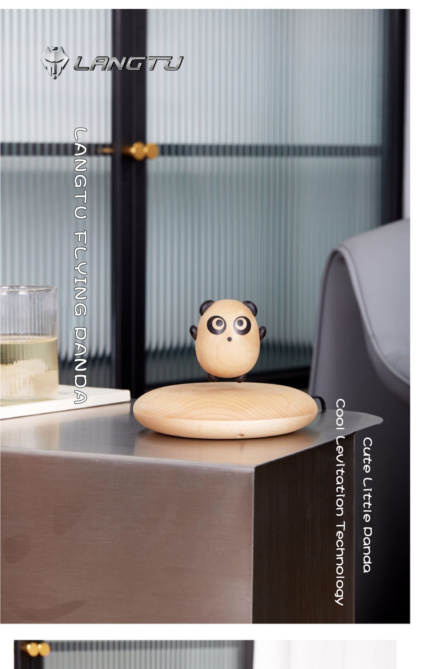 LANGTU Flying Panda Magnetic Levitation Woodcarving Hand-Made Maple & Ebony Doll for Decor, Toy & Gift