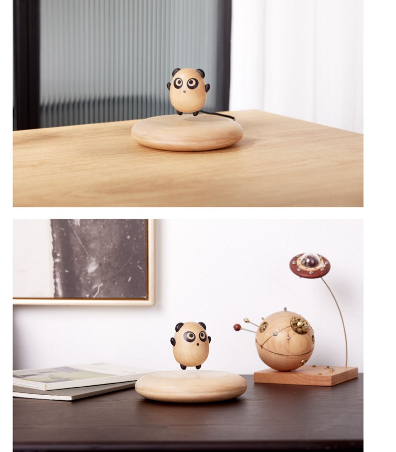 LANGTU Flying Panda Magnetic Levitation Woodcarving Hand-Made Maple & Ebony Doll for Decor, Toy & Gift