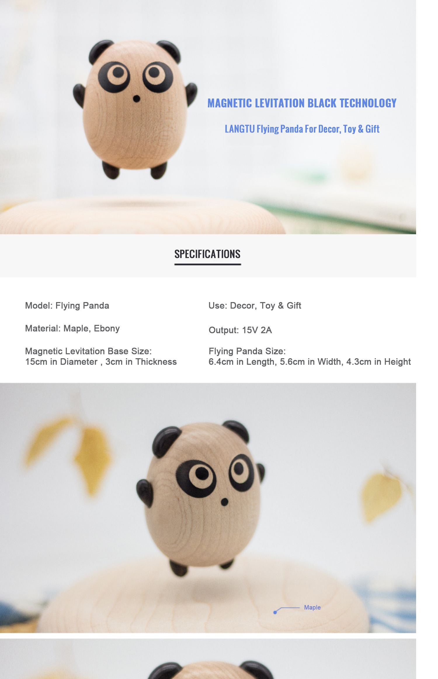 LANGTU Flying Panda Magnetic Levitation Woodcarving Hand-Made Maple & Ebony Doll for Decor, Toy & Gift