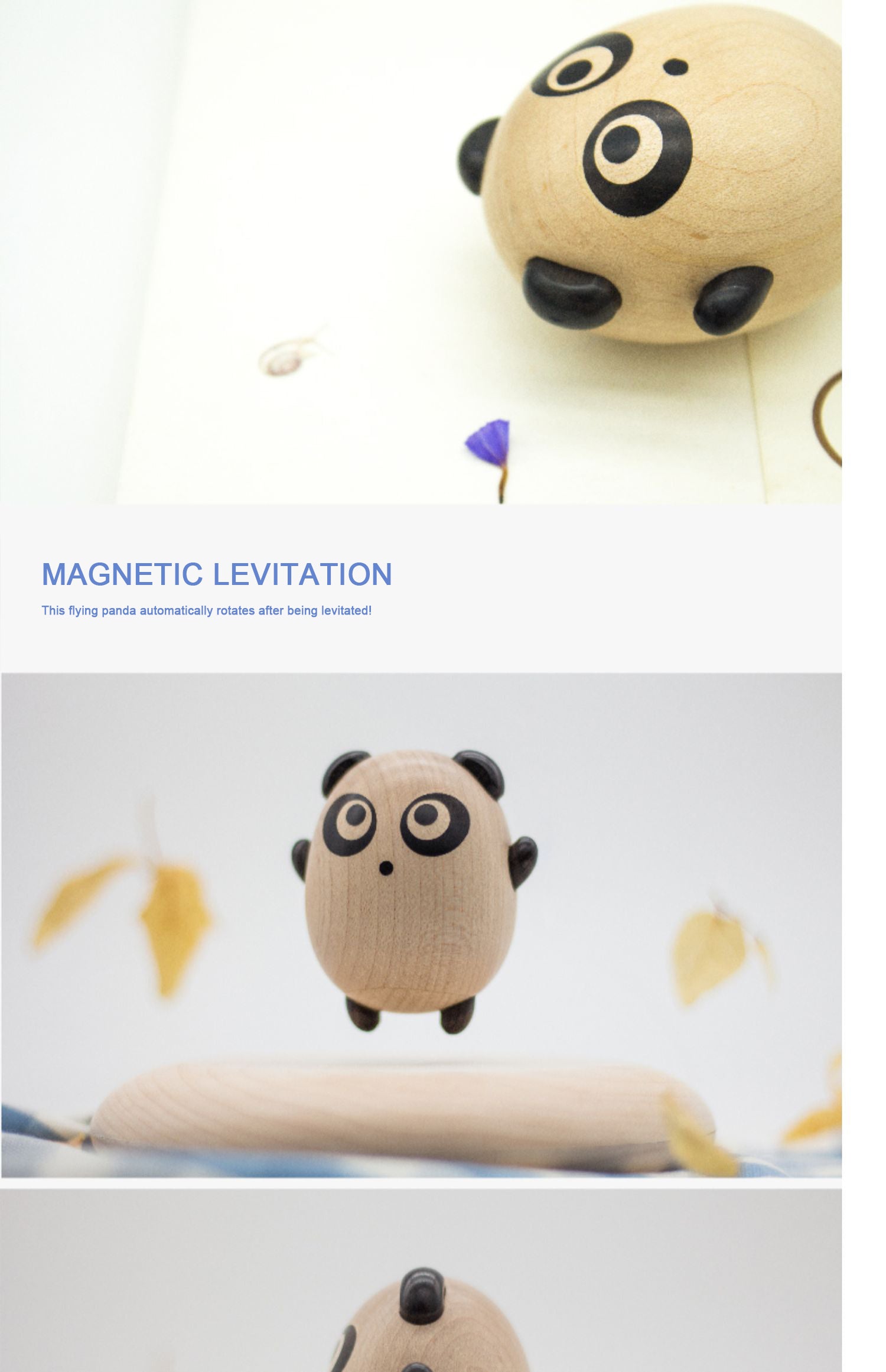 LANGTU Flying Panda Magnetic Levitation Woodcarving Hand-Made Maple & Ebony Doll for Decor, Toy & Gift