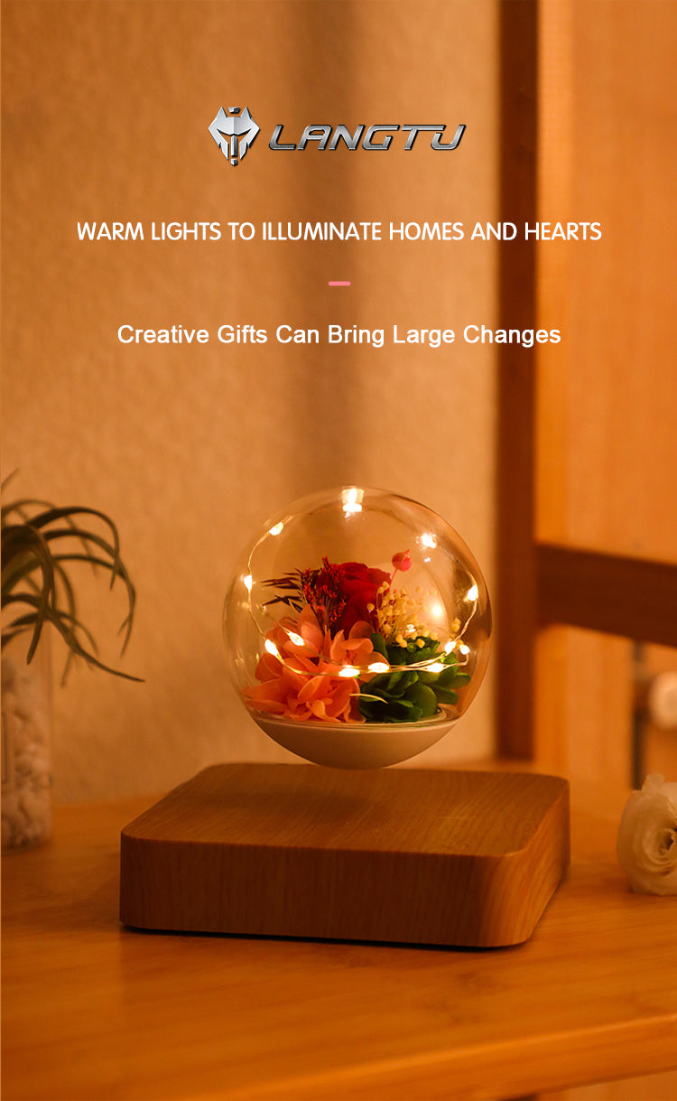 LANGTU Magnetic Levitating Immortal Flower Floating Rotating Crystal Ball ft. Decorative Lights for Home, Office & Desk Decor