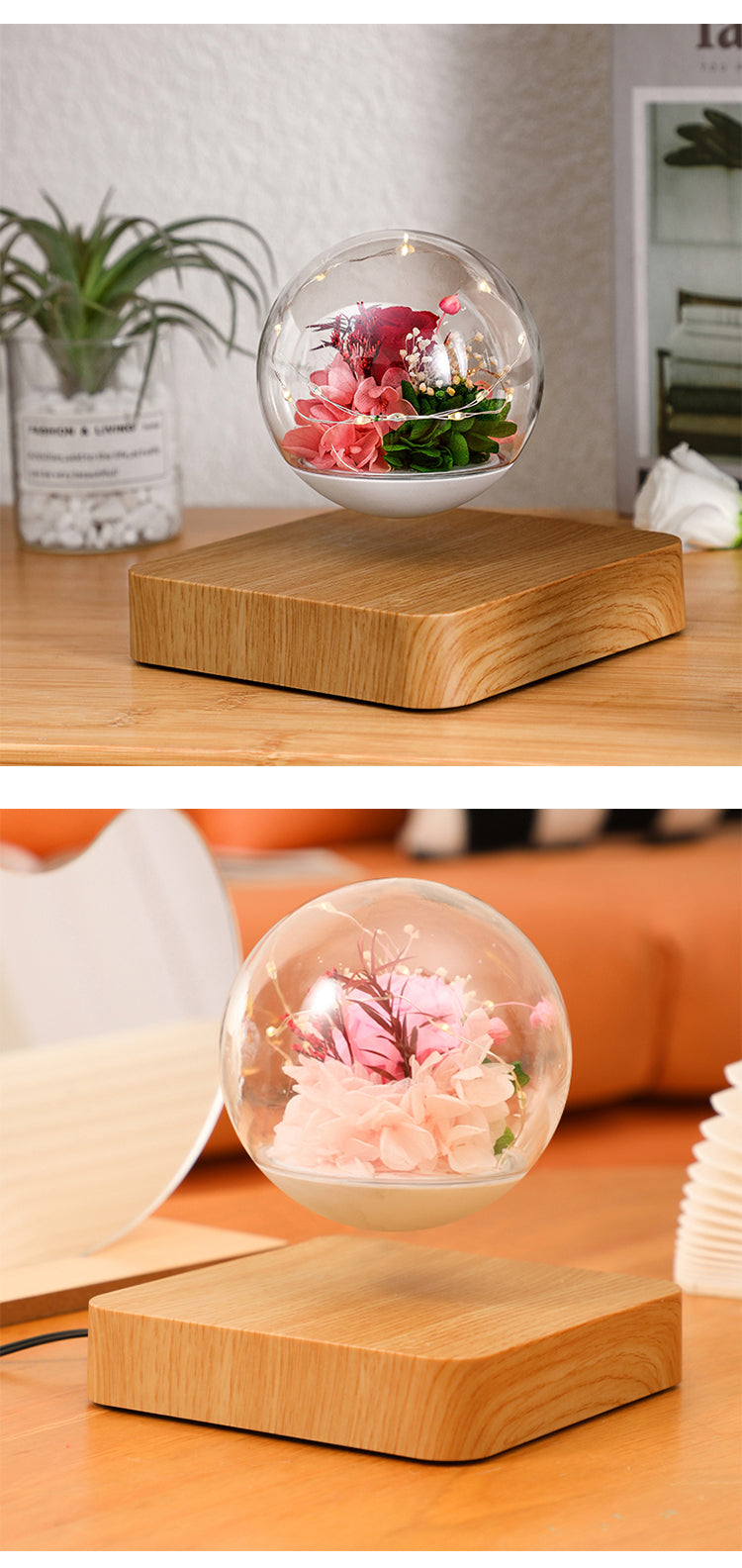 LANGTU Magnetic Levitating Immortal Flower Floating Rotating Crystal Ball ft. Decorative Lights for Home, Office & Desk Decor