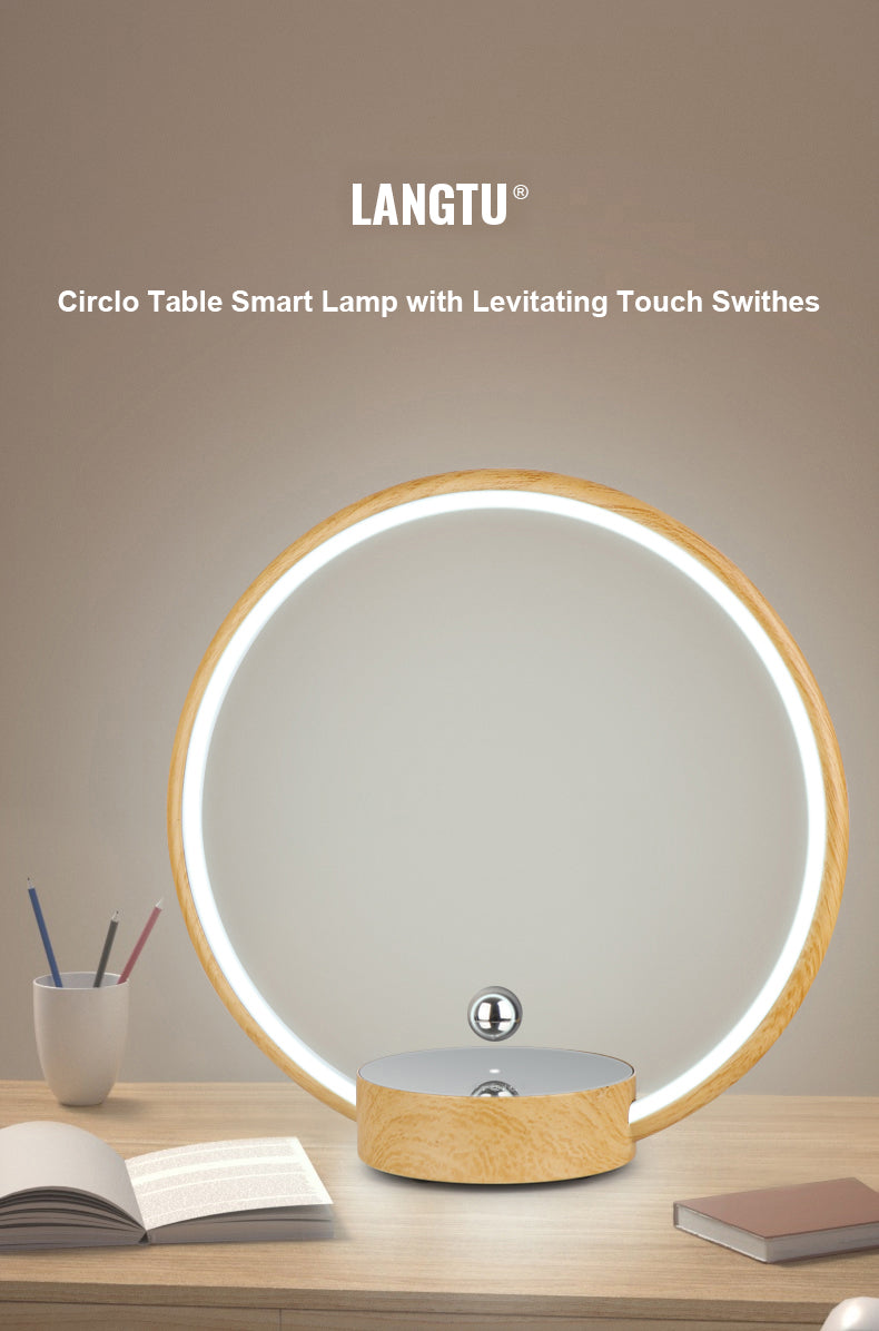 LANGTU Circlo Table Desk Smart Lamp with 2 Levitating Touch Switches (Metal & Moon Flyswitch) & 7 Colors Modes for Home & Office Decor Maple