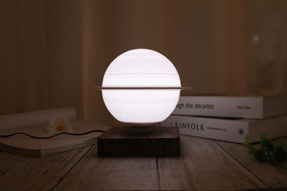 LANGTU Magnetic Levitating Luna Saturn Floating 3D Printing LED Wireless Charging Moon Night Lamp Light Walnut