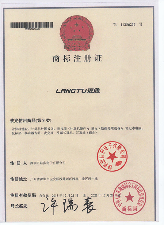 LANGTU Trademark Registration Certificate
