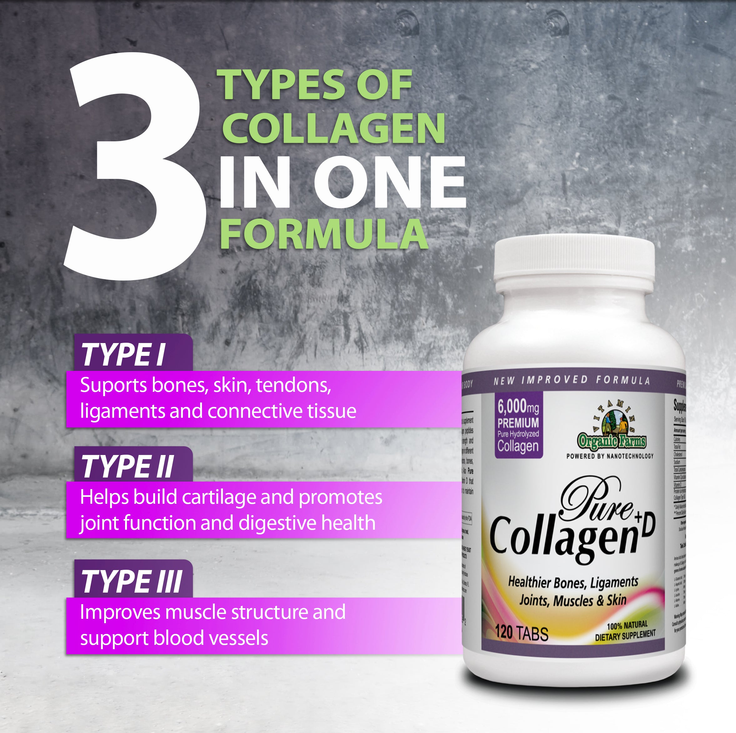 Organic Farms Vitamins Collagen Pure+D, Premium Collagen Pills 6000mg hydrolyzed Collagen peptides Type 1 & 3-100% Natural Dietary Supplement, 120 Tablets