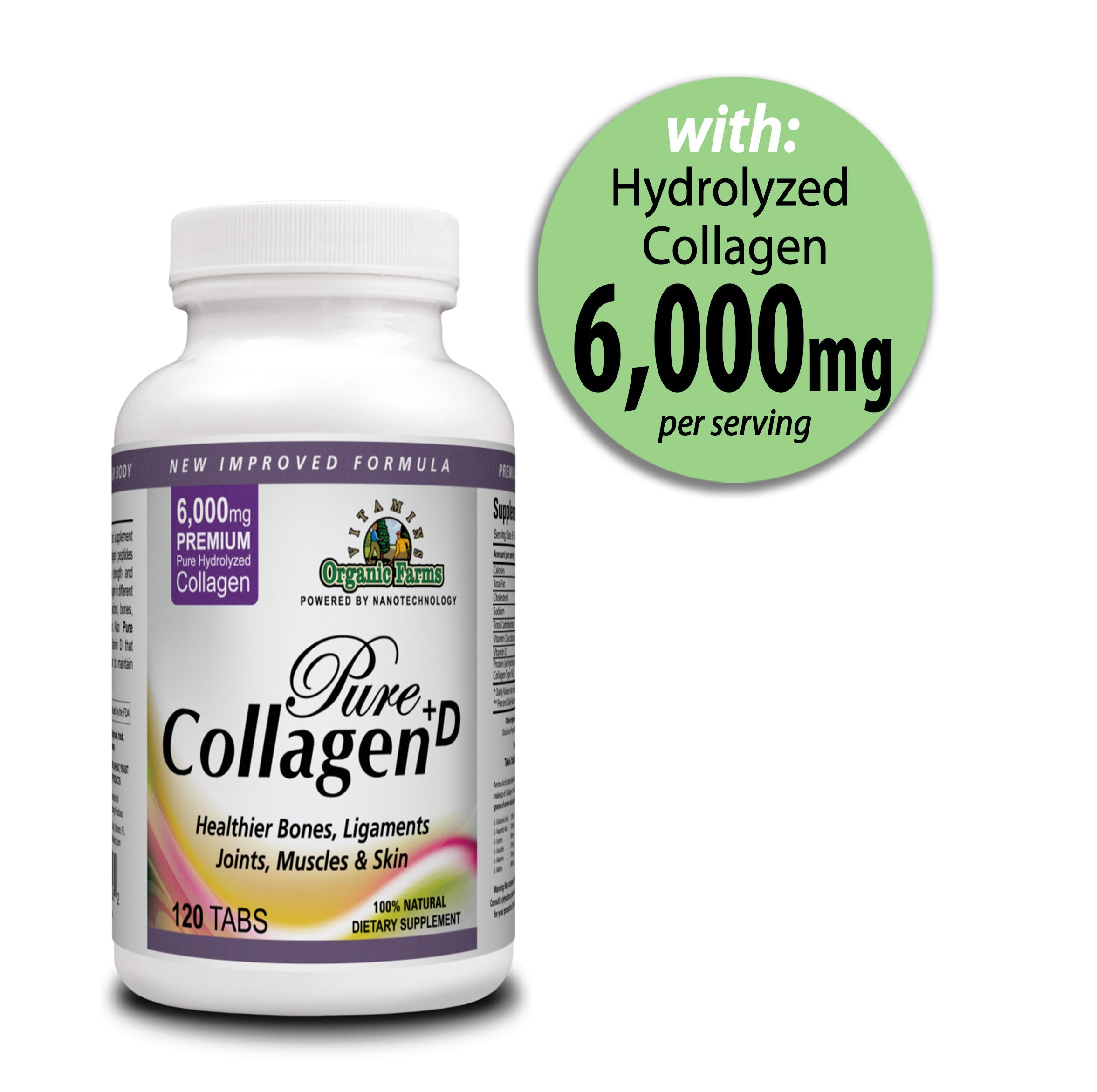 Organic Farms Vitamins Collagen Pure+D, Premium Collagen Pills 6000mg hydrolyzed Collagen peptides Type 1 & 3-100% Natural Dietary Supplement, 120 Tablets