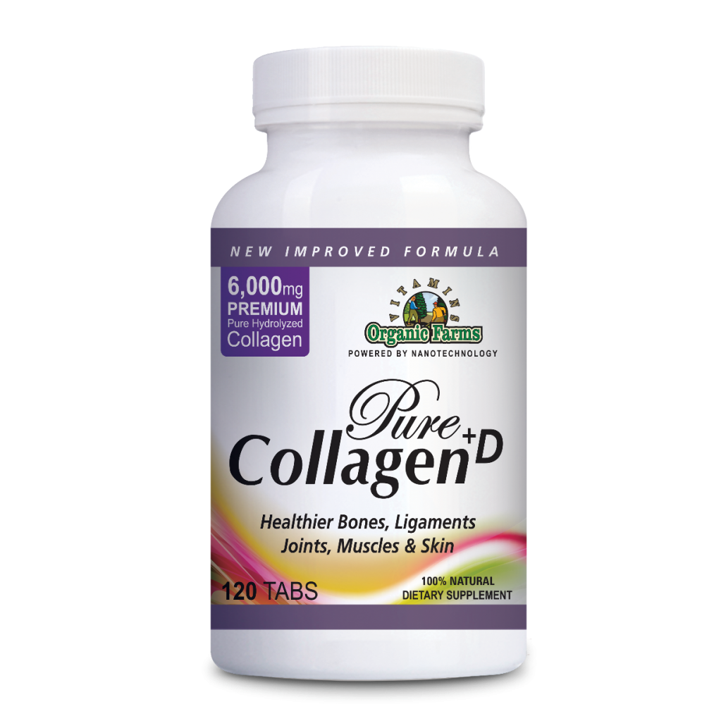 Organic Farms Vitamins Collagen Pure+D, Premium Collagen Pills 6000mg hydrolyzed Collagen peptides Type 1 & 3-100% Natural Dietary Supplement, 120 Tablets