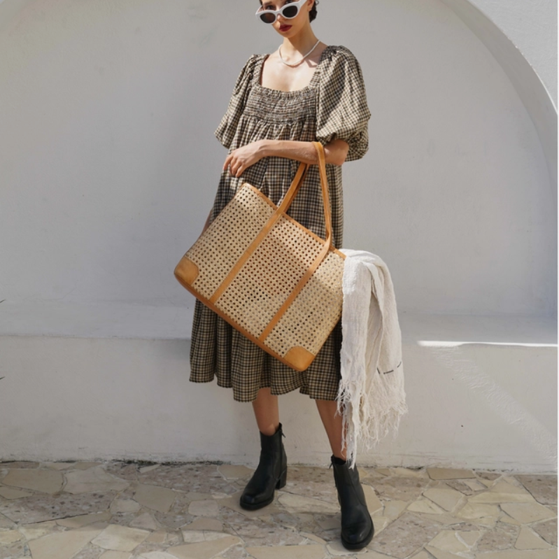 Rattan and Leather Tote