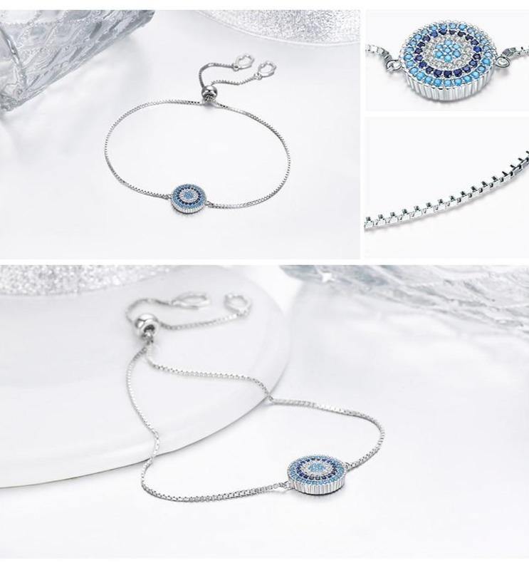 Blue Eye 925 Sterling Silver CZ Link Chain Bracelets