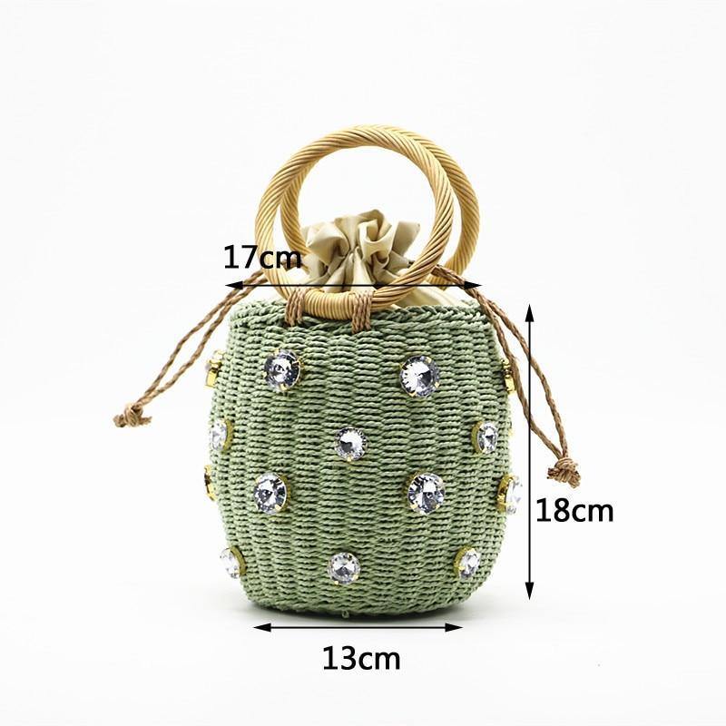 Handmade Rhinestone Drawstring Straw Top Handle Bucket Tote